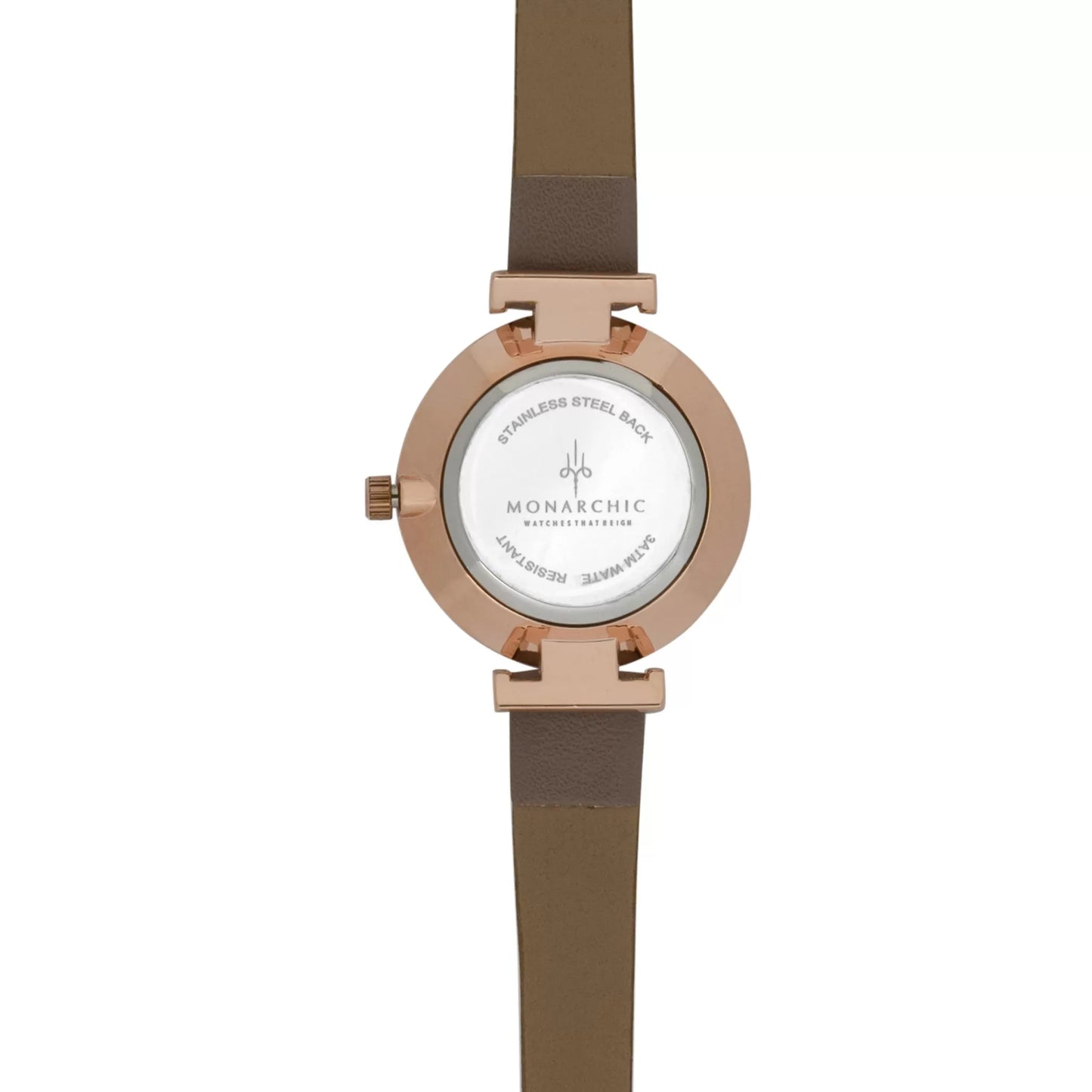 Monarchic® Watch - Satin - Bronte Taupe eco vegan leather straps and rose gold watch with caramel tone dial back view