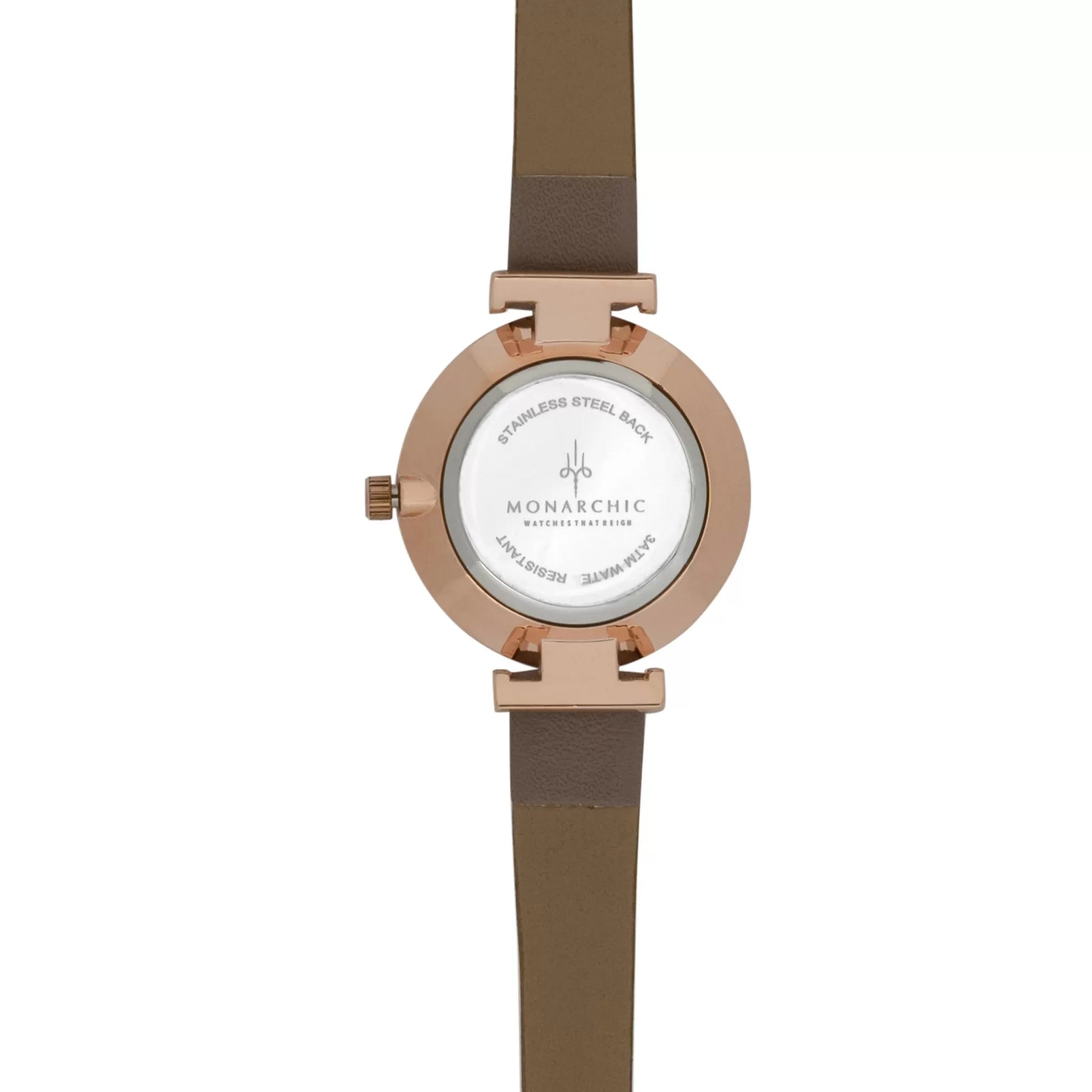 Monarchic® Watch - Satin - Bronte Taupe eco vegan leather straps and rose gold watch with caramel tone dial back view