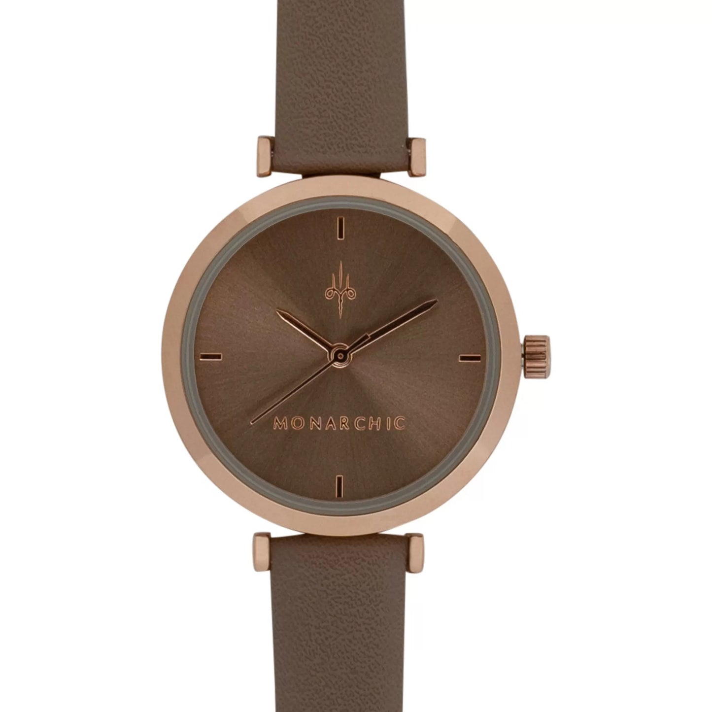 Monarchic® Watch - Satin - Bronte Taupe eco vegan leather straps and rose gold watch with caramel tone dial front view