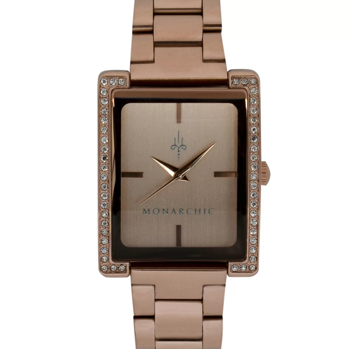 Monarchic® Watch - The Diana - Dawn rose gold link watch with crystal square bezel front view