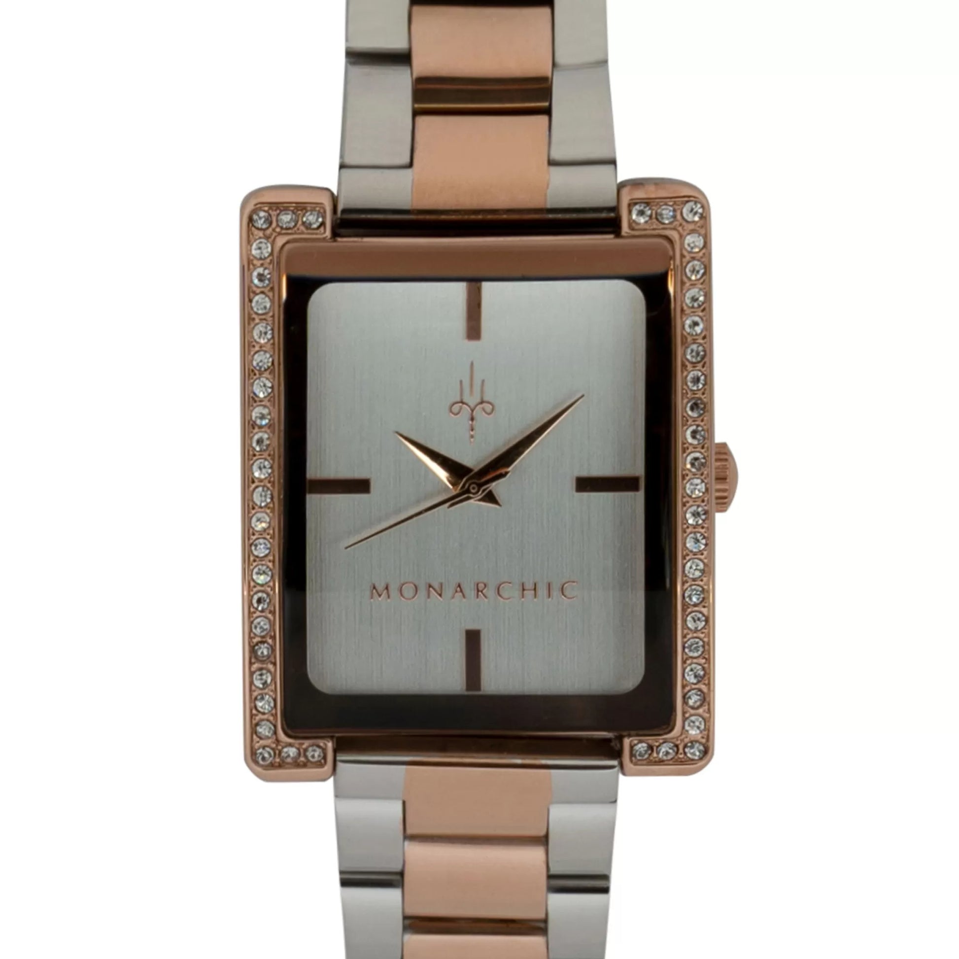 Monarchic® Watch - The Diana - Dusk two-tone silver / rose gold link watch with crystal square bezel front view